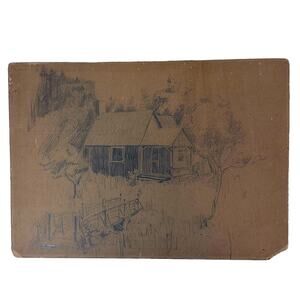Pencil Drawing Cottage In The Woods Artist Unknown Unsigned Original Vintage